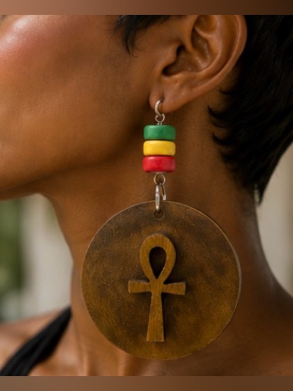 Handcrafted Green Yellow Red and Wood Ankh Drop Earrings
